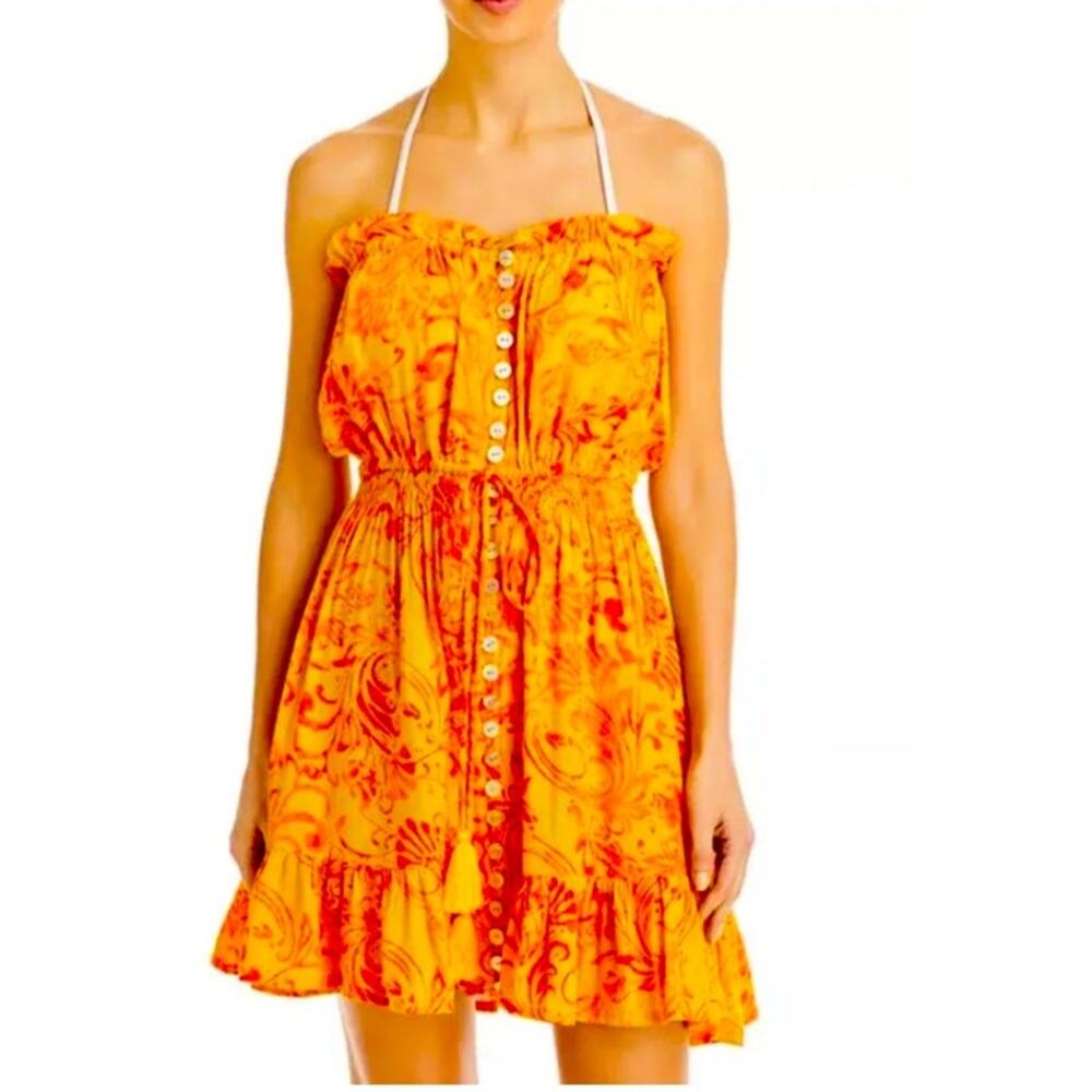 NWT MSRP$110 Tiare Hawaii Ryden Revolve Mini Dress in Batik Bloom Saffron Red OS